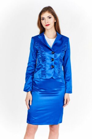 Наситено синьо сатенено дамско сако с дълъг ръкав