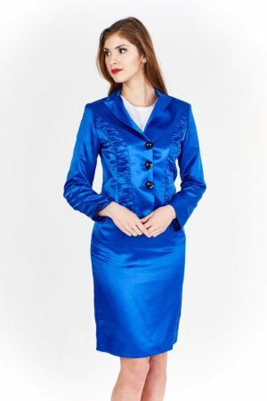 Наситено синьо сатенено дамско сако с дълъг ръкав