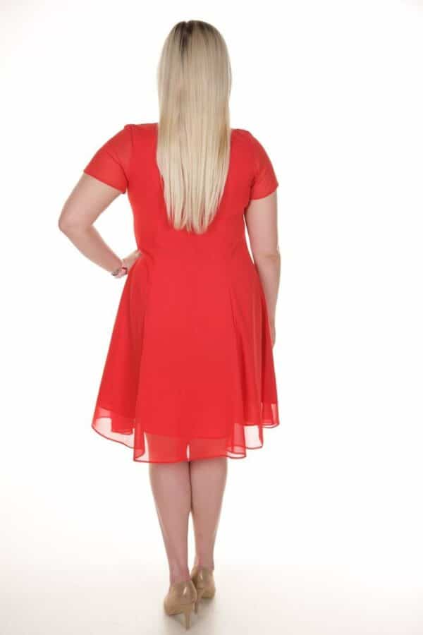 Наситено червена разкроена рокля от шифон с къс ръкав