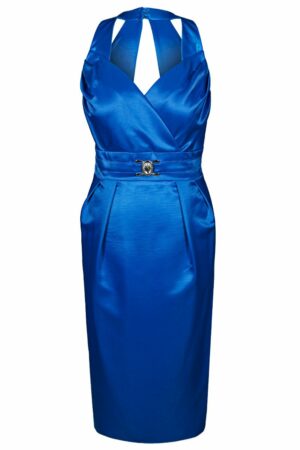 Наситено синя сатенена рокля без ръкав с колан с кристали
