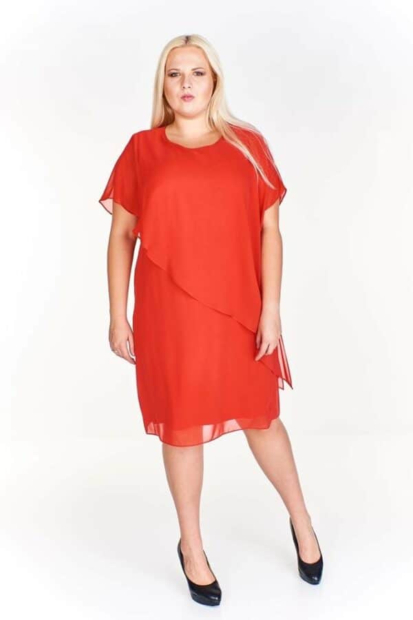 Малинено червена асиметрична макси  рокля от шифон