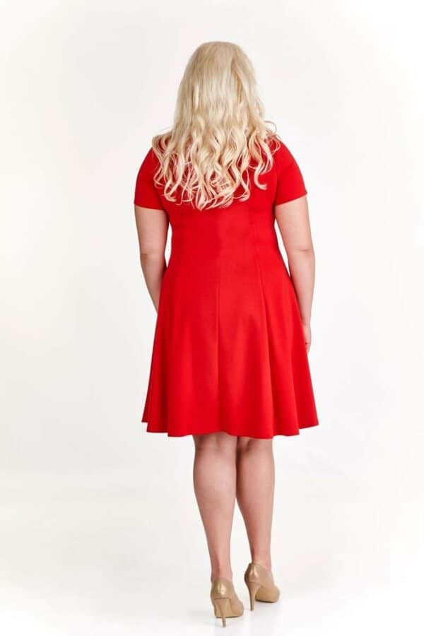 Трикотажна червена разкроена рокля с къс ръкав