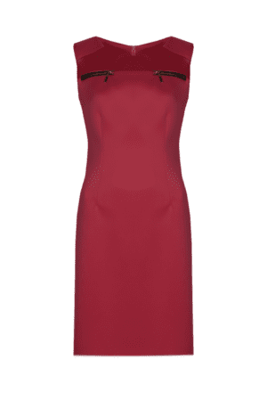 Малиново червена вталена рокля от трико без ръкав - декорация еко кожа