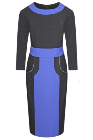 Права рокля до коляното с 3/4 ръкав в черно и наситено синьо