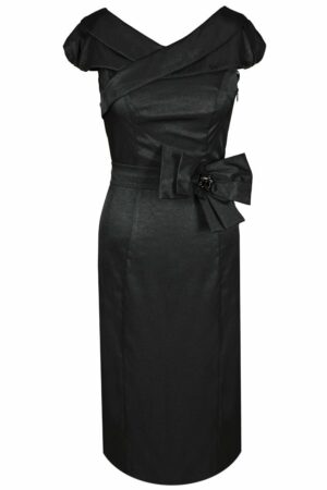 Официална сатенена рокля в черно - колан с брошка