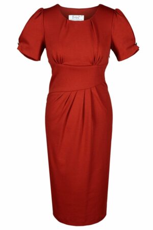 Дамска рокля от трико с къс ръкав - керемидено червена