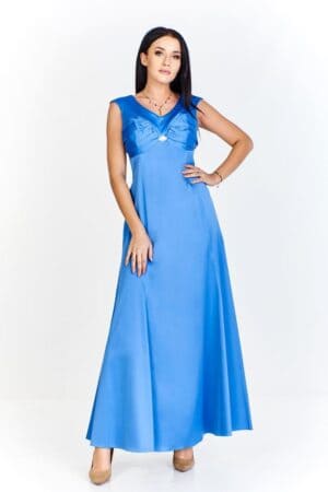 Официална дълга небесно синя сатенена рокля без ръкав