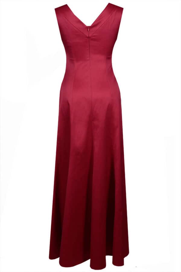 Официална дълга червена сатенена рокля без ръкав