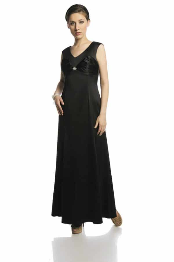 Официална дълга черна сатенена рокля без ръкав