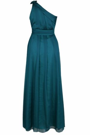 Дълга официална рокля от шифон с едно рамо  - цвят морско зелено