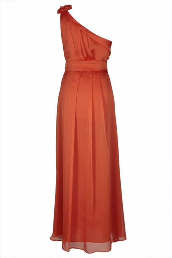 Оранжева дълга официална рокля от шифон с едно рамо