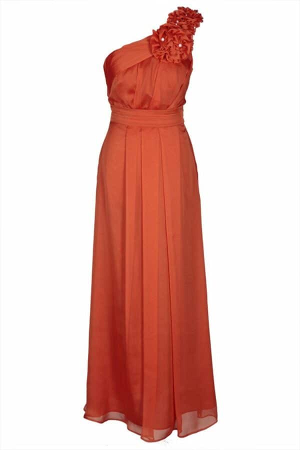 Оранжева дълга официална рокля от шифон с едно рамо