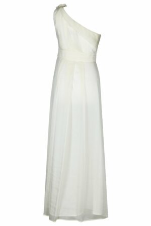 Дълга бяла официална рокля от шифон с едно рамо