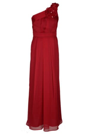 Червена дълга официална рокля от шифон с едно рамо