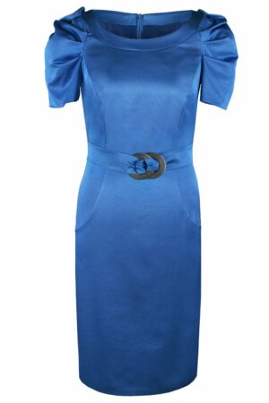 Сатенена ярко  синя  рокля с къс ръкав с набор
