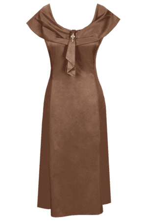 Разкроена сатенена рокля с декоративна шал яка - старо злато
