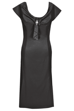 Разкроена черна сатенена рокля с декоративна шал яка
