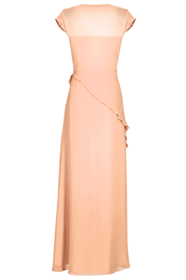 Дълга прасковено розова официална рокля от шифон декорирана с камъни