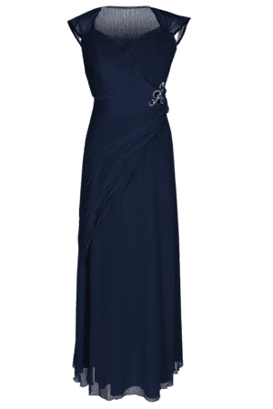 Дълга тъмно синя официална рокля от шифон декорирана с камъни