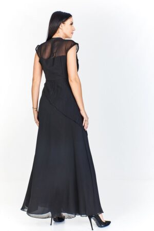 Дълга черна официална рокля от шифон декорирана с камъни