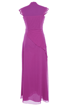 Дълга ярко лилава официална рокля от шифон декорирана с камъни