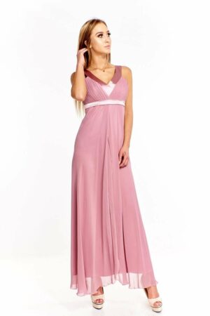 Официална бежово-розова дълга рокля от шифон