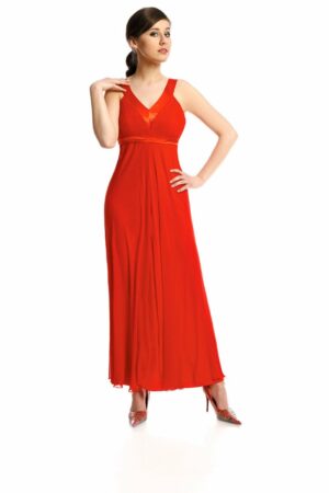 Официална оранжево червена дълга рокля от шифон