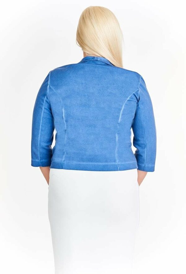 Синьо дамско сако от трико с 3/4 ръкав - избелен ефект