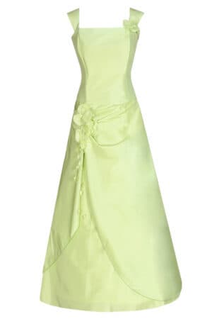 Дълга светло зелена официална  рокля от тафта с обръч - декорация цветя