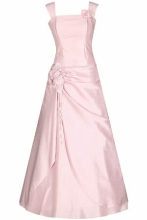 Дълга наситено розова официална  рокля от тафта с обръч - декорация цветя