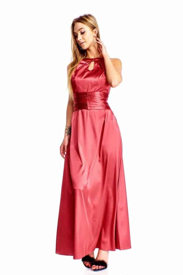 Дълга разкроена сатенена рокля в малиново червено + болеро