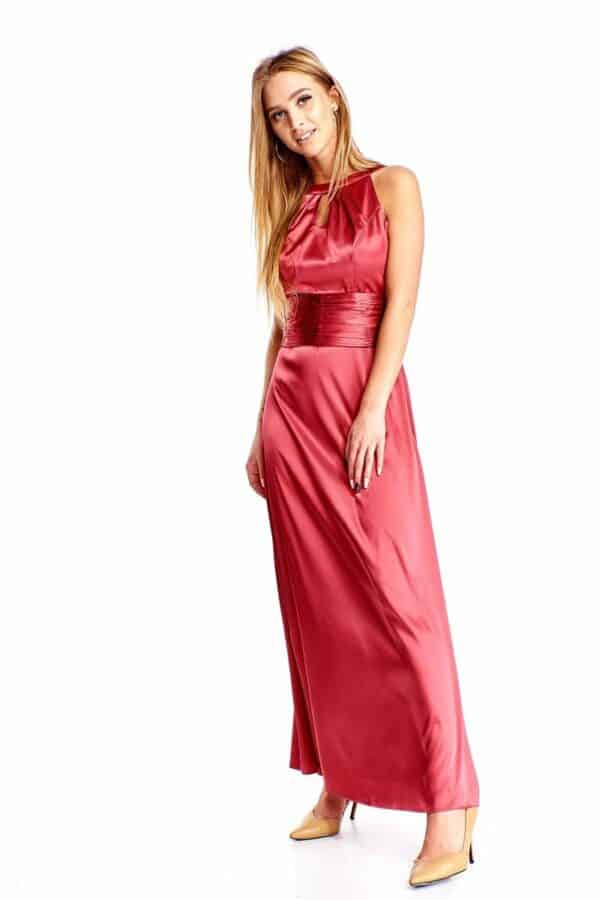 Дълга разкроена сатенена рокля в малиново червено + болеро