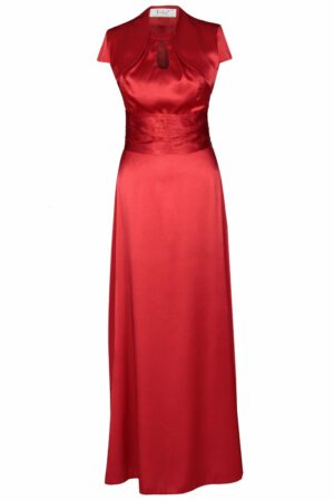 Дълга разкроена сатенена рокля в червено + болеро