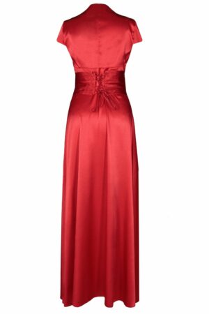 Дълга разкроена сатенена рокля в червено + болеро