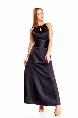 Дълга разкроена сатенена рокля в черно + болеро