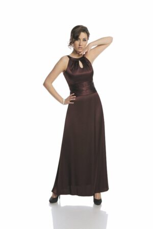 Дълга разкроена сатенена рокля в лилаво кафяво + болеро