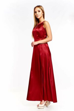 Дълга разкроена сатенена рокля в цвят бордо + болеро
