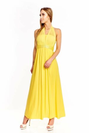 Дълга жълта рокля от трико с колан с пайети
