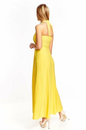 Дълга жълта рокля от трико с колан с пайети