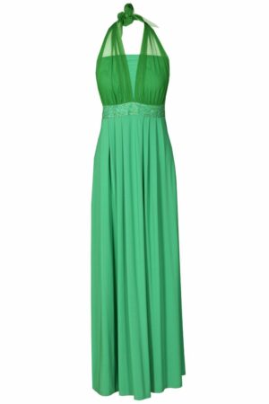 Дълга зелена рокля от трико с колан с пайети