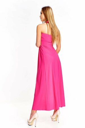 Дълга тъмно розова рокля от трико с колан с пайети
