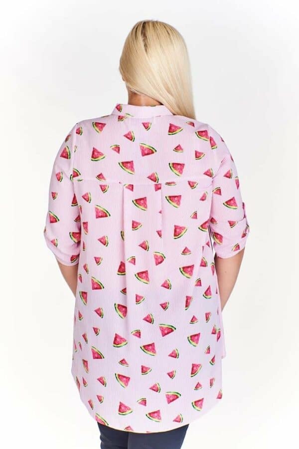 Риза-туника с десен бяло и розово райе и принт диня