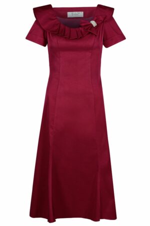 Официална рубинено червена дамска рокля с къс ръкав и плисирана яка