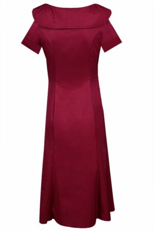 Официална рубинено червена дамска рокля с къс ръкав и плисирана яка