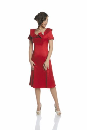 Официална червена дамска рокля с къс ръкав и плисирана яка