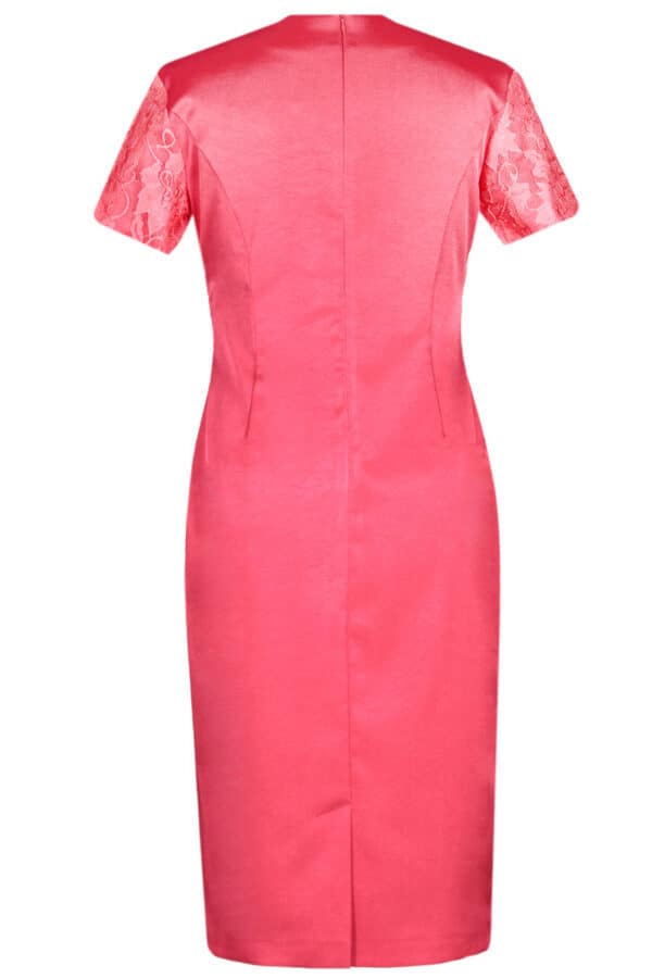 Официална рокля в малинено розово-червено от сатен и дантела