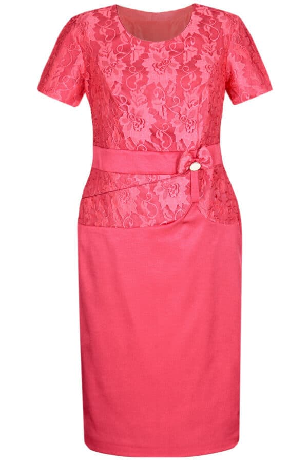 Официална рокля в малинено розово-червено от сатен и дантела