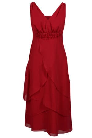 Наситено червена рокля от шифон на волани