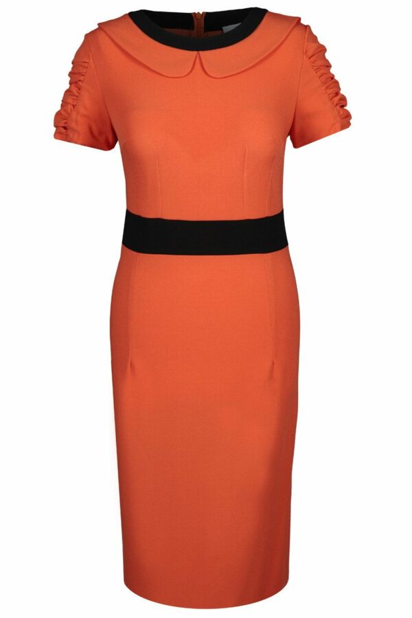 Оранжева  вталена рокля с къс ръкав и яка
