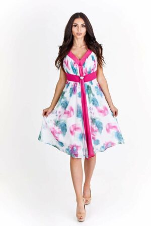 Ефирна рокля с презрамки от цветен шифон в цикламено розово и бяло
